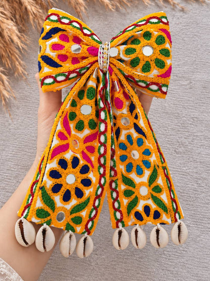 Embroidered Mirror Work Hair Bow Clip with Cowrie Shells