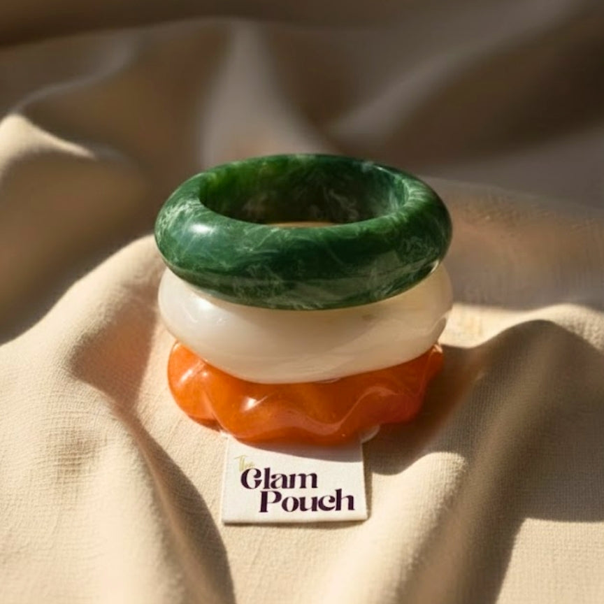 Jadelike Marbled Green, White, & Orange Resin Bangle Set