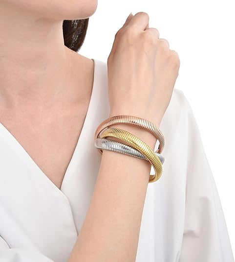 Trendy set of gold, silver and rose gold plated bangles for women, stylish statement jewelry perfect for parties and daily wear.