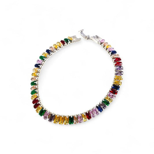 White Gold Plated Multi Colored Cubic Zirconia Tennis Bracelet (Colors may vary)