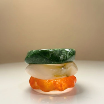 Jadelike Marbled Green, White, & Orange Resin Bangle Set