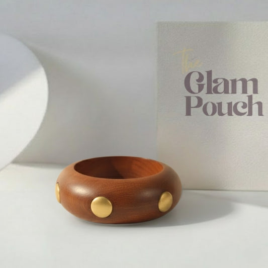 Chunky Polished Wooden Bangle with Gold Disc Inlays