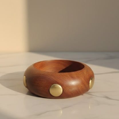 Chunky Polished Wooden Bangle with Gold Disc Inlays