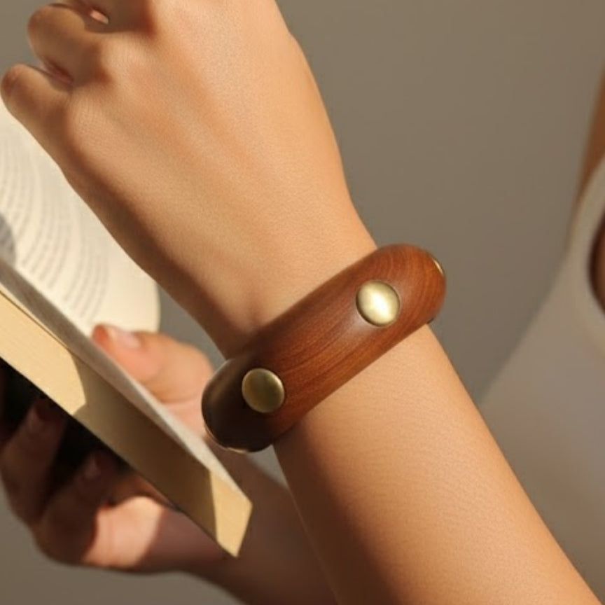 Chunky Polished Wooden Bangle with Gold Disc Inlays