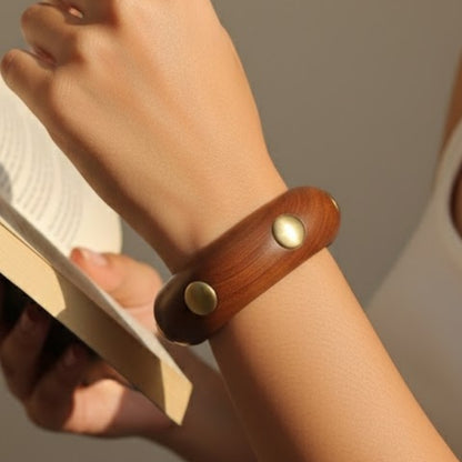 Chunky Polished Wooden Bangle with Gold Disc Inlays