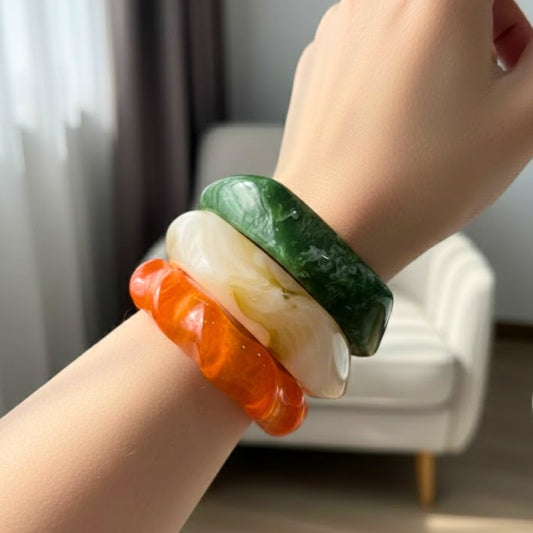 Jadelike Marbled Green, White, & Orange Resin Bangle Set