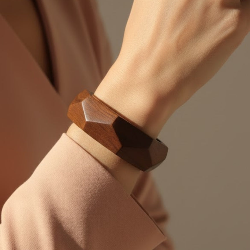 Hand-Carved Multi-Faceted Wooden Statement Bangle