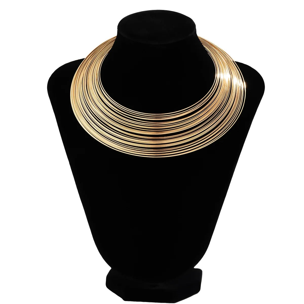 Stylish layered gold plated choker necklace displayed on black mannequin – Glampouch jewelry