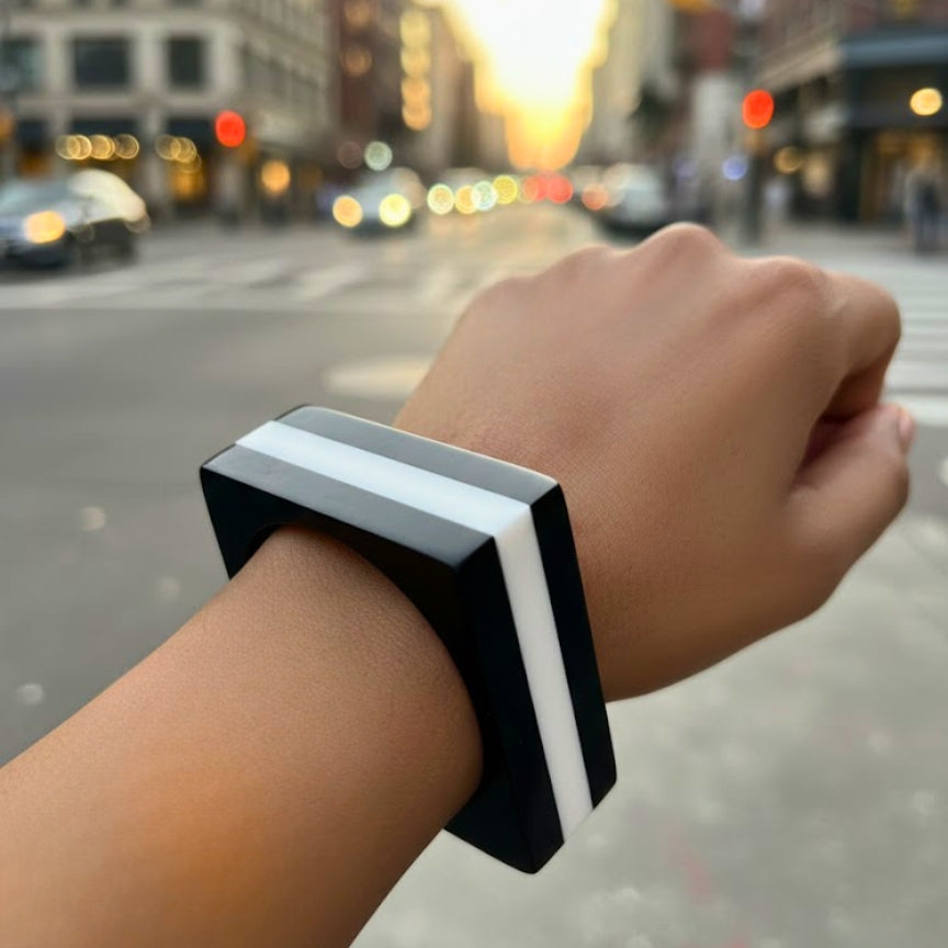 Monochrome Stripe Square Statement Resin Bangle ( Thick)