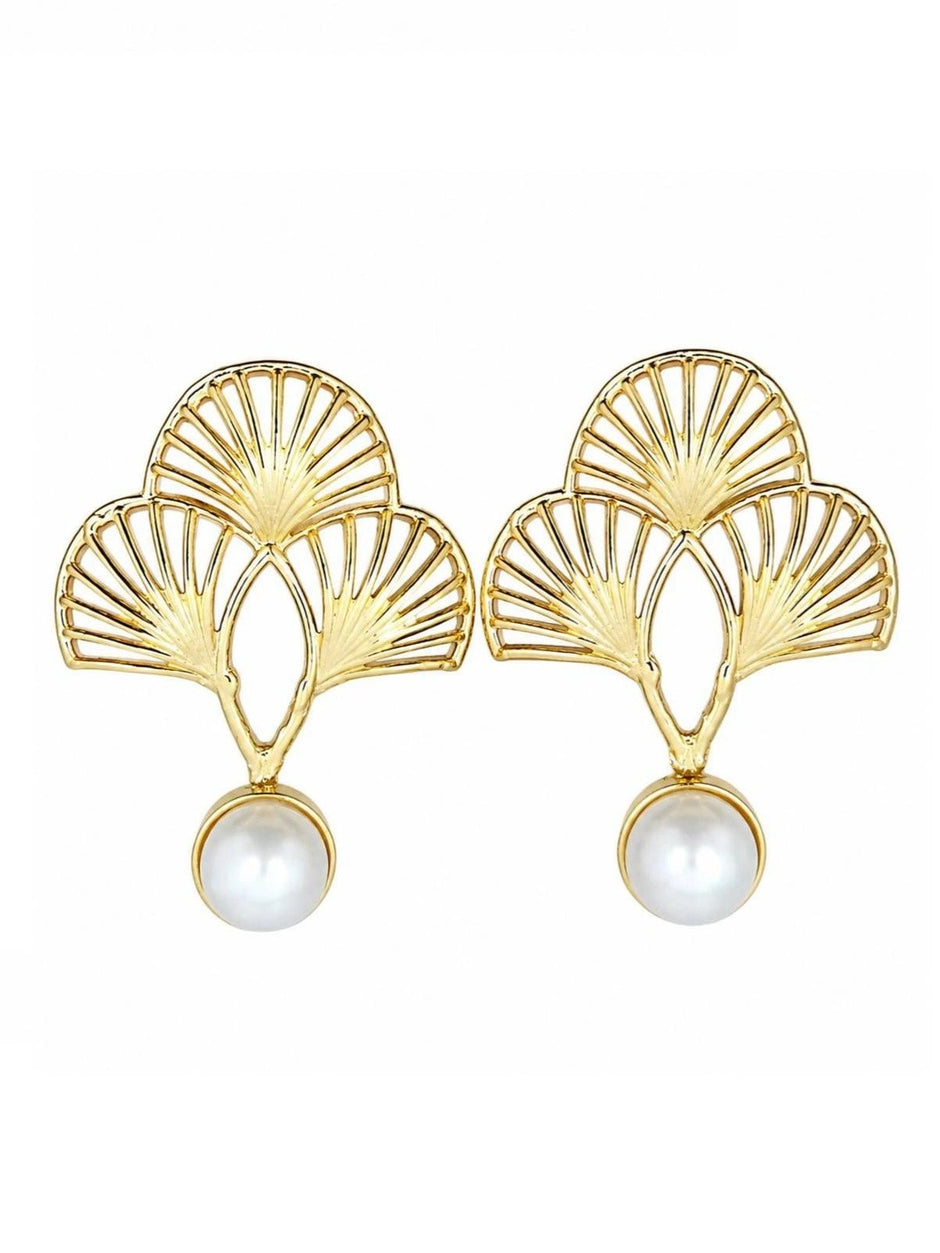 Front-facing product shot of gold ginkgo fan earrings with faux-pearl drops on white background