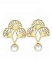 Front-facing product shot of gold ginkgo fan earrings with faux-pearl drops on white background