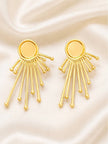 Pair of gold-plated sunburst stud earrings with fanned rays and ball tips on white satin
