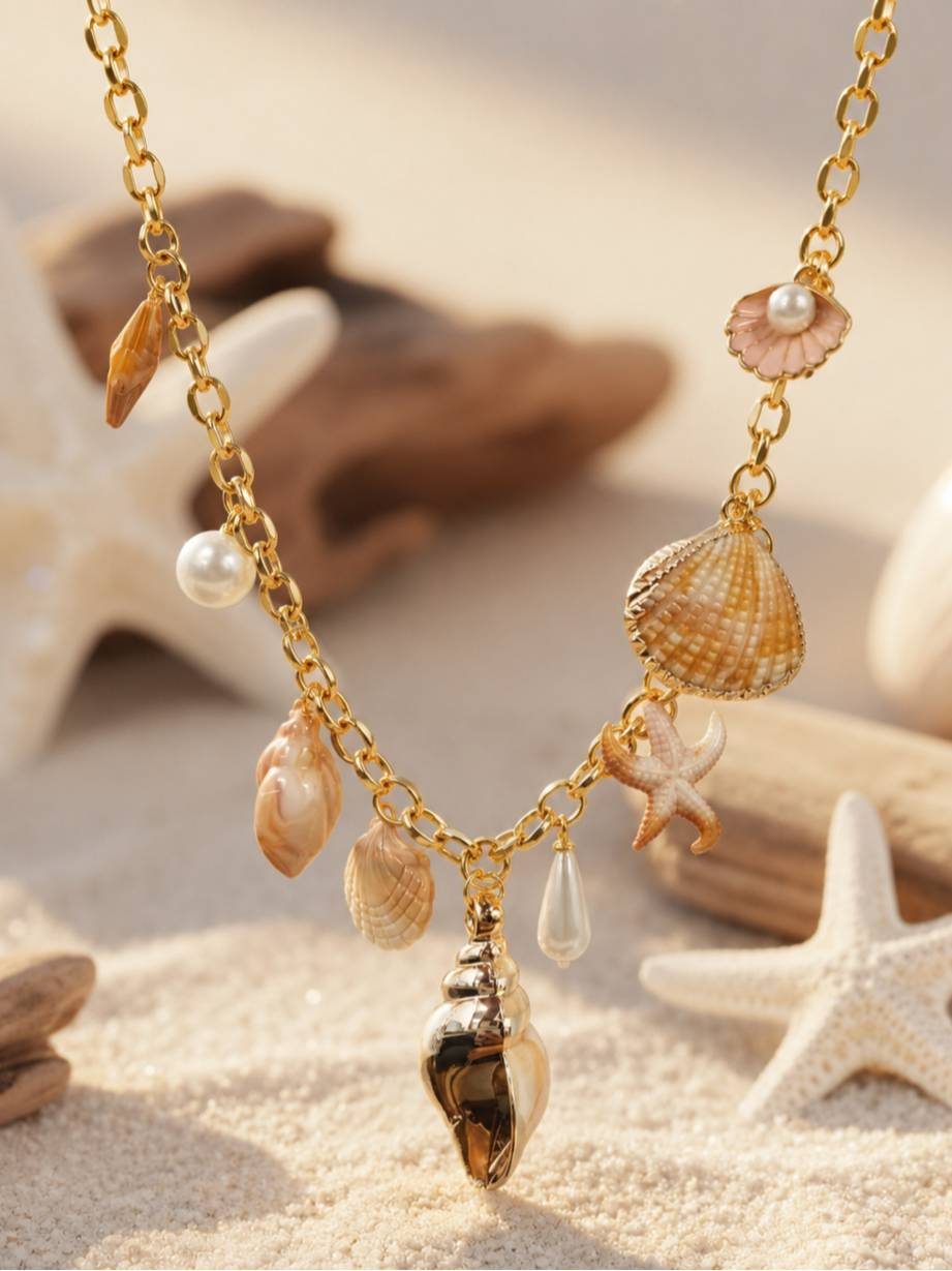 Close-up of gold seashell charm necklace laid on sandy beach surface with starfish and driftwood in background