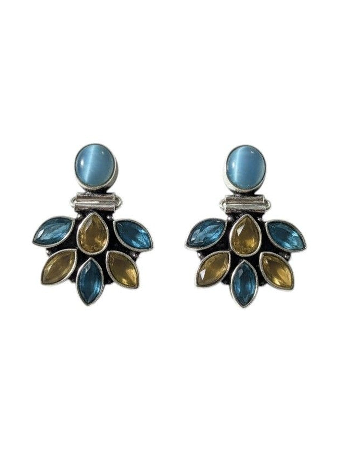 Front-facing flat lay of both oxidised silver stone stud earrings on white background showing full design detail