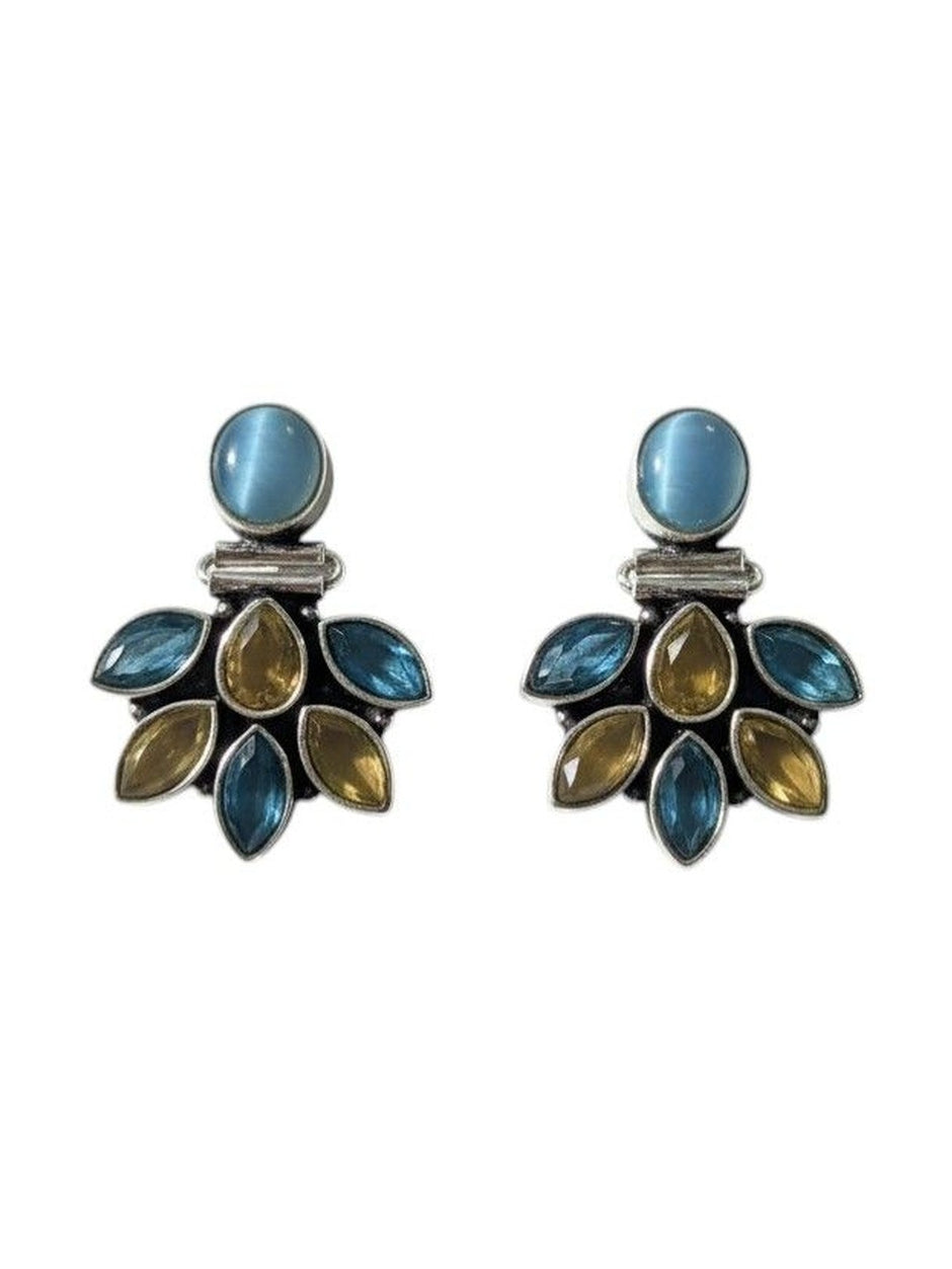 Front-facing flat lay of both oxidised silver stone stud earrings on white background showing full design detail