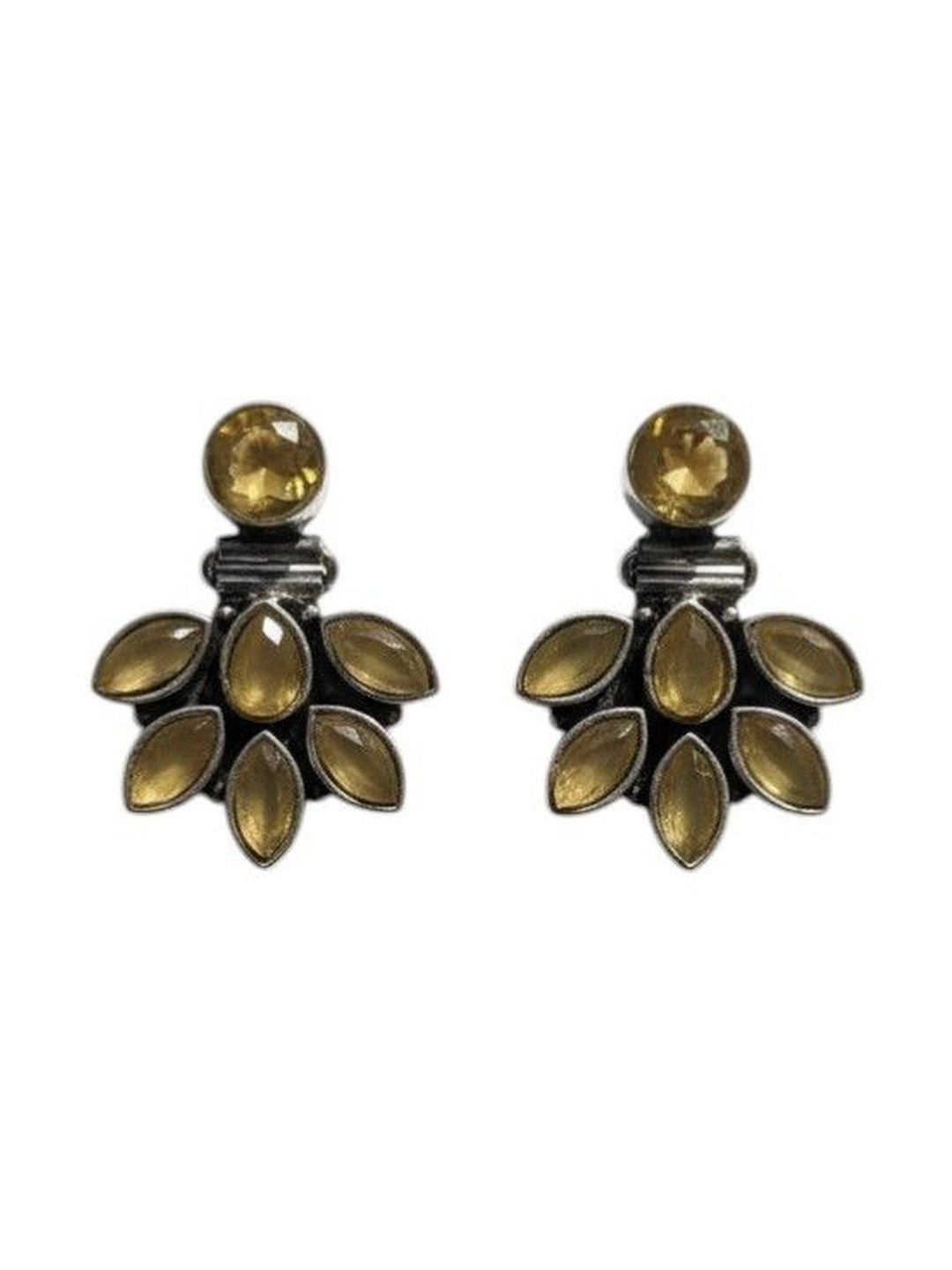 Front-facing pair of oxidised silver and yellow stone ear jacket studs on a clean white background