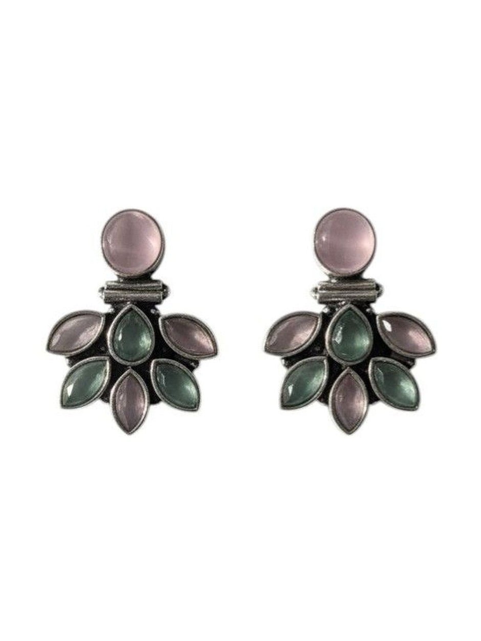 Pair of oxidised silver floral stud earrings with alternating pink and green marquise stones on white background