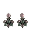 Pair of oxidised silver floral stud earrings with alternating pink and green marquise stones on white background