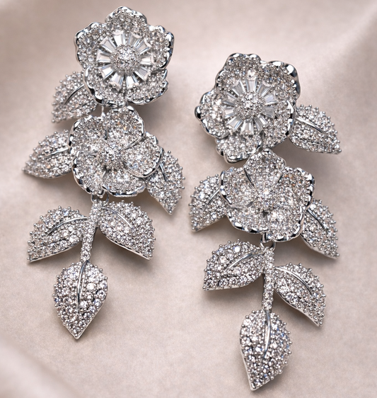 Silver Rose Crystal Drop Earrings