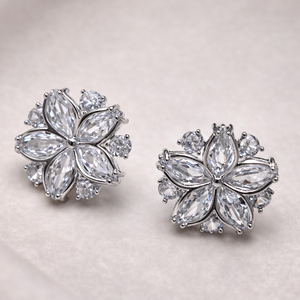Silver Diamond Sparkle Flower Stud Earrings
