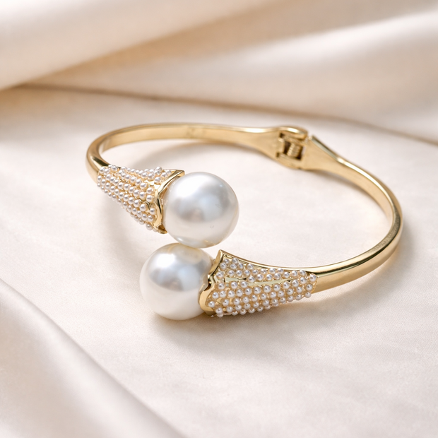 Double Shell Pearl Open Cuff Bracelet
