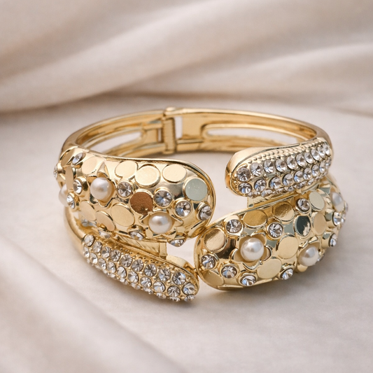Crystal & Pearl Mosaic Bypass Bangle Bracelet