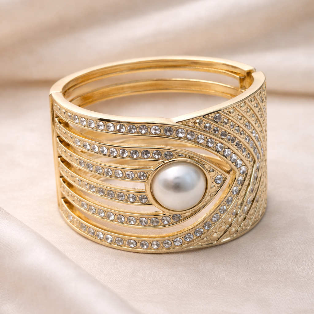 Ornate Hinged Gold Bubble Pearl Bracelet