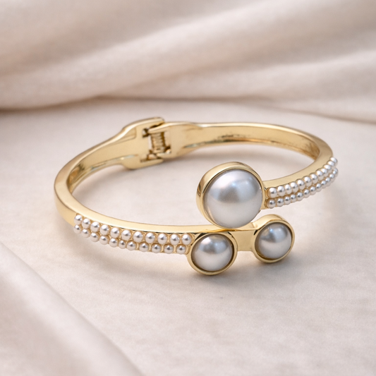 Golden Textured Crystal & Pearl Statement Cuff Bracelet