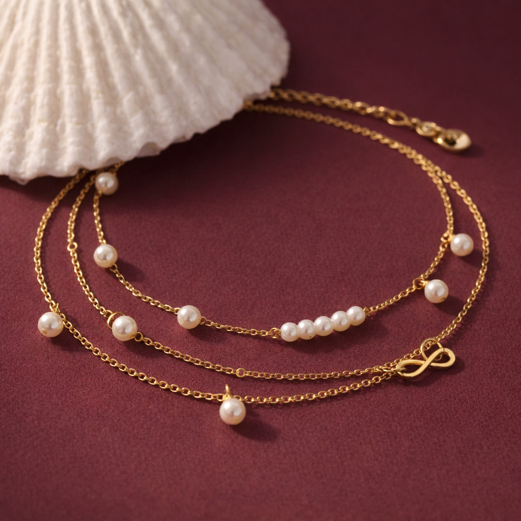 Gold Multi Layered Pearl Chain Anklet