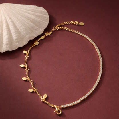 Golden Leaf & CZ Crystal Anklet