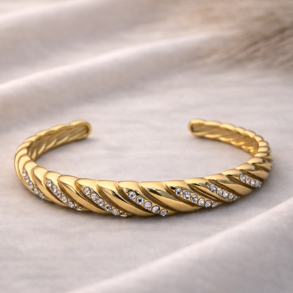 Gold Twisted Gilded Ripple Crystal Cuff Bracelet