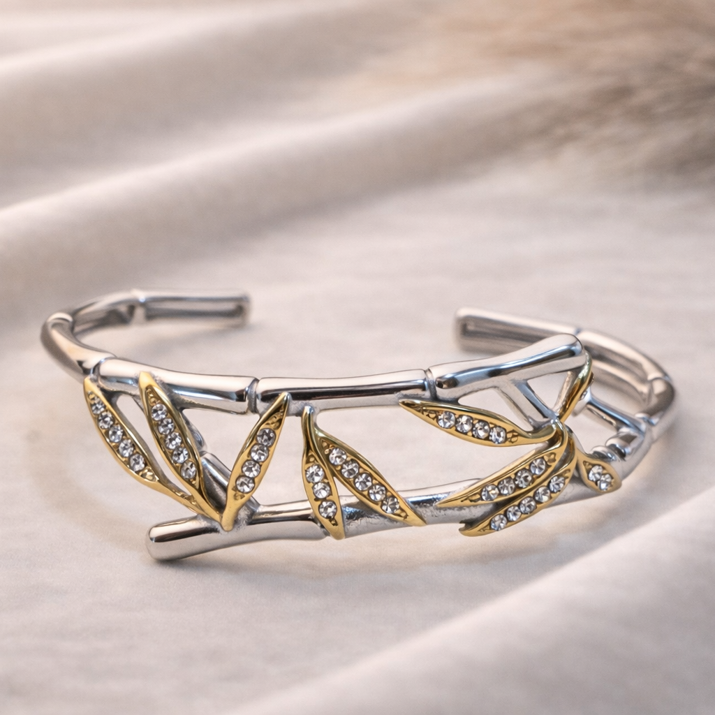 Dual Tone Luxe Bamboo Leaf Cuff Bracelet