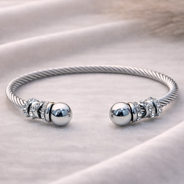 Cable with Crystal Accents Silver Cuff Bracelet