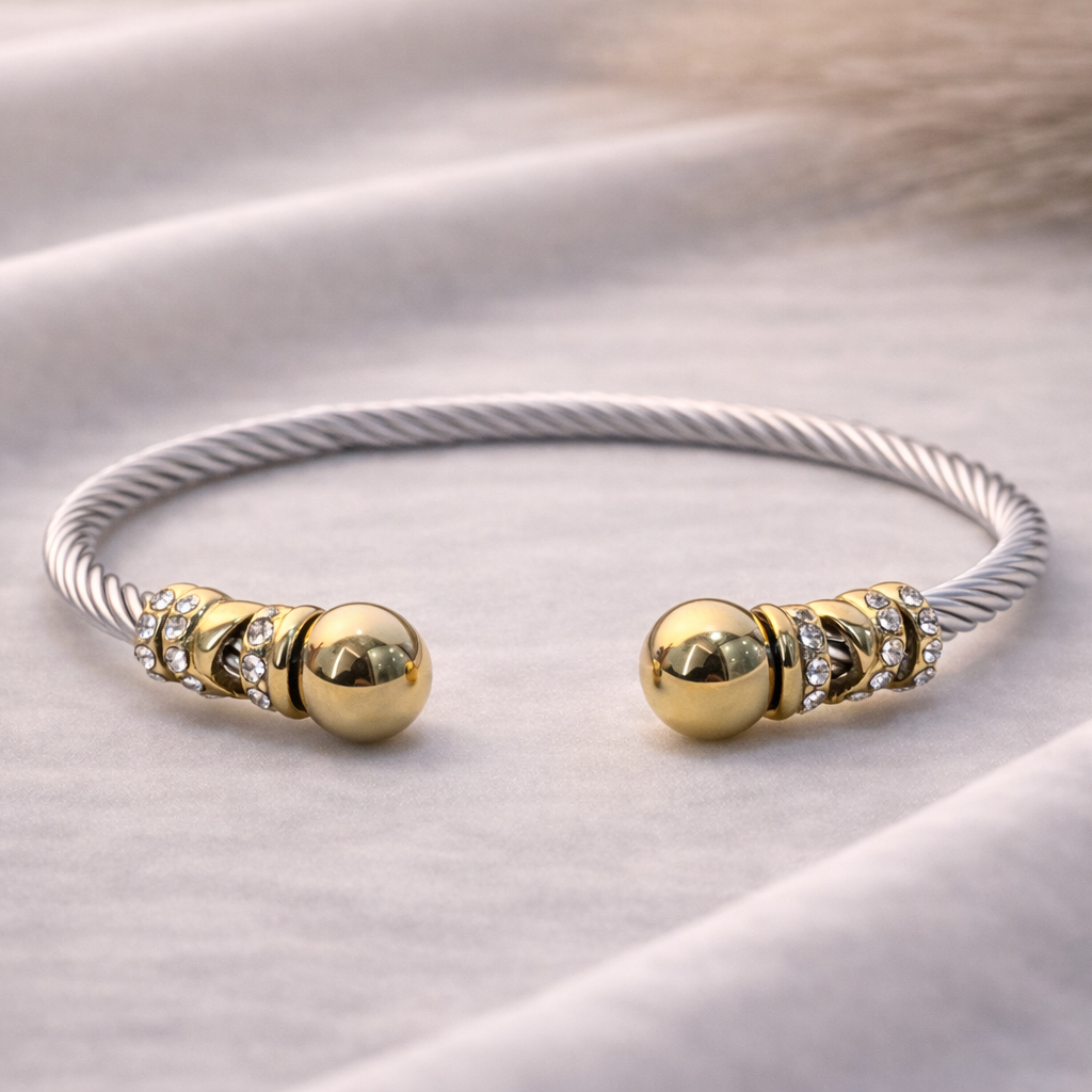 Premium Twisted Wire with Crystals Dual Tone Gold Cuff Bracelet