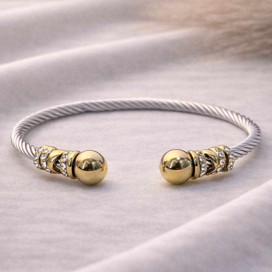Premium Twisted Wire with Crystals Dual Tone Gold Cuff Bracelet