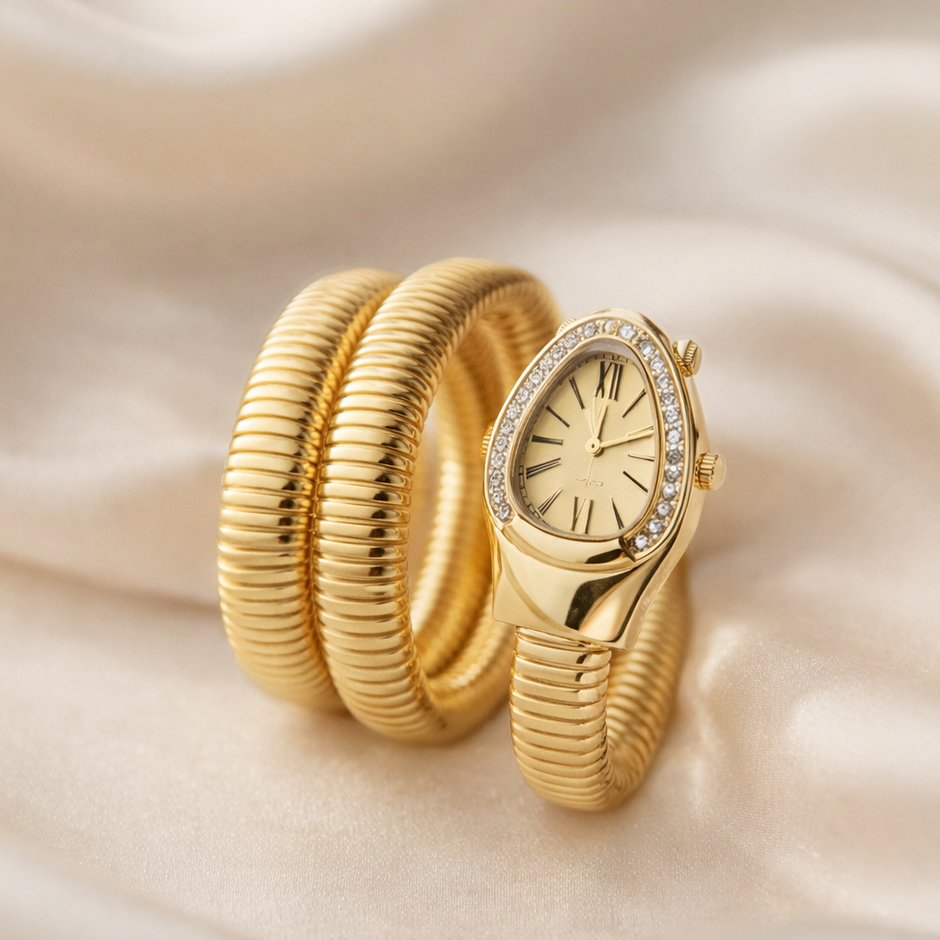 Crystal Encrusted Dual tone Snake Watch Timepiece- Golden