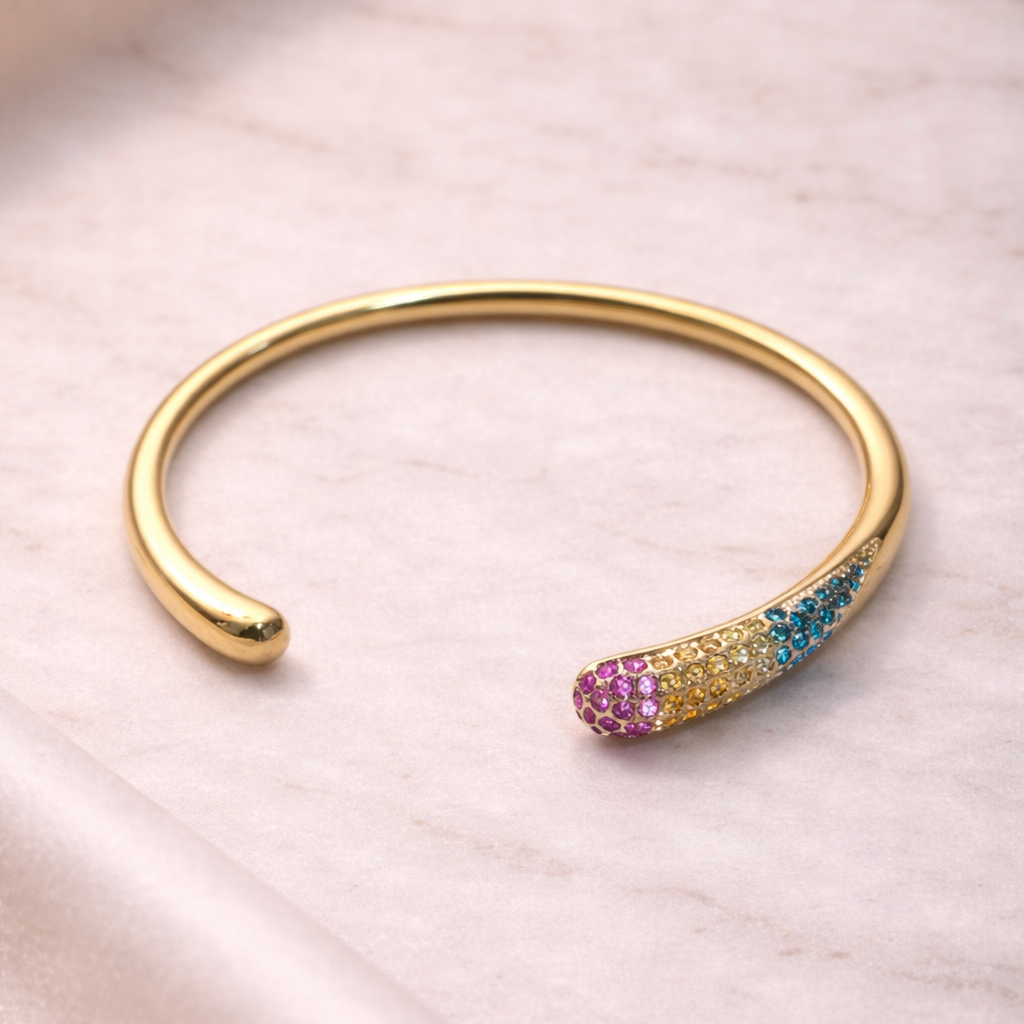 Aurora Multicolored Gemstone Gold Open Cuff Bracelet