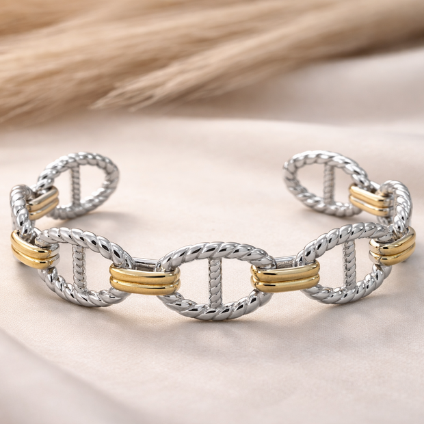 Nautical Link Dual Tone Silver and Gold Open Cuff Bracelet