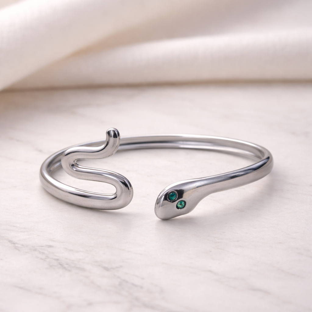 The Cleopatra Emerald-Eye Serpent Silver Cuff Bracelet
