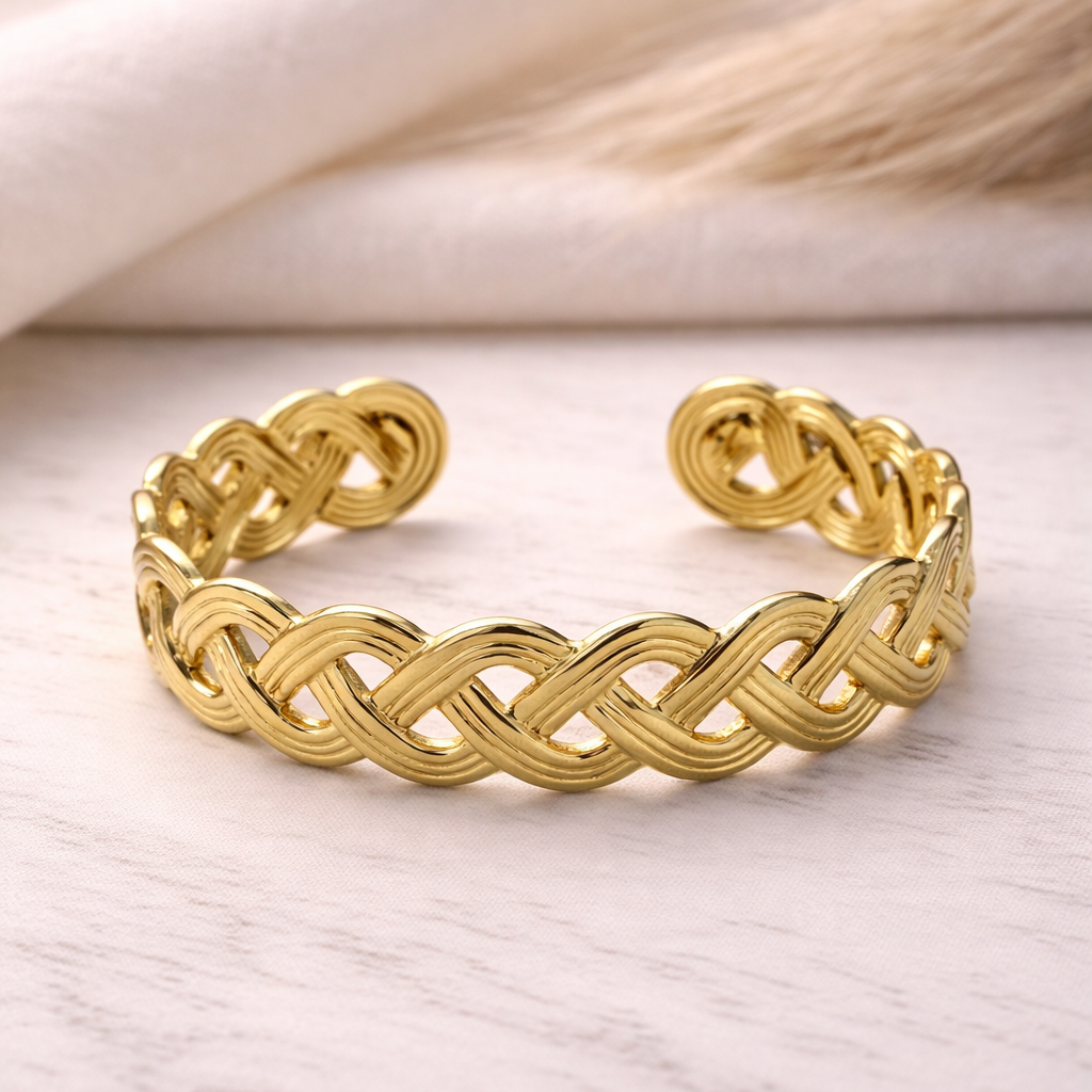 Intricate Braided Mesh Open Gold Cuff Bracelet