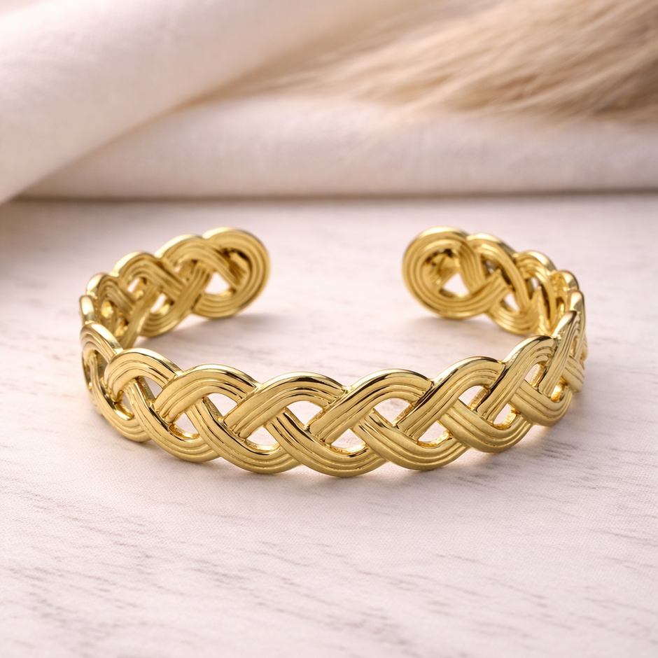 Intricate Braided Mesh Open Gold Cuff Bracelet
