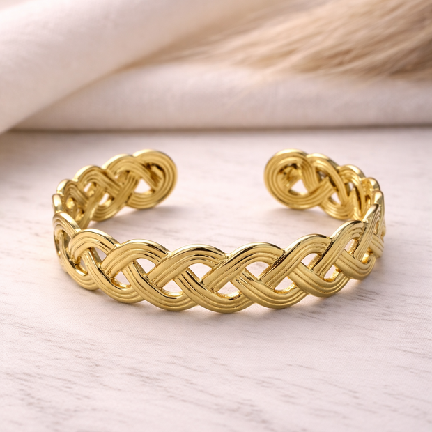 Intricate Braided Mesh Open Gold Cuff Bracelet
