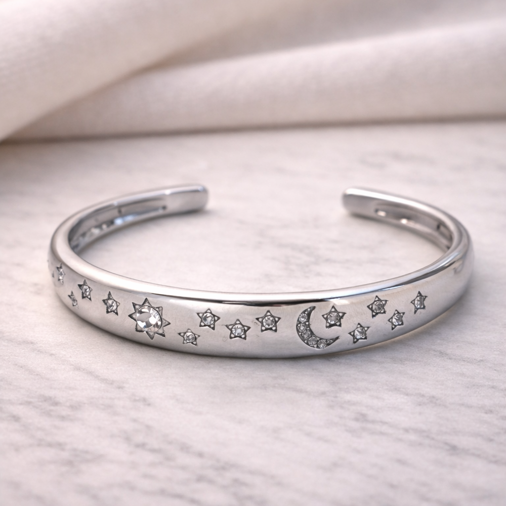 Midnight Stargazer Celestial Silver Cuff Bracelet