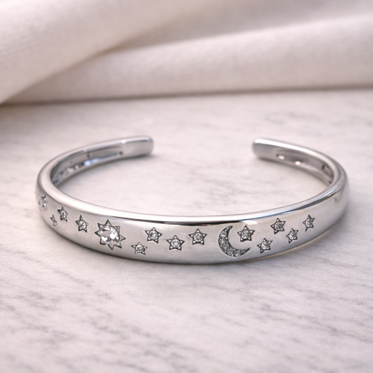 Midnight Stargazer Celestial Silver Cuff Bracelet