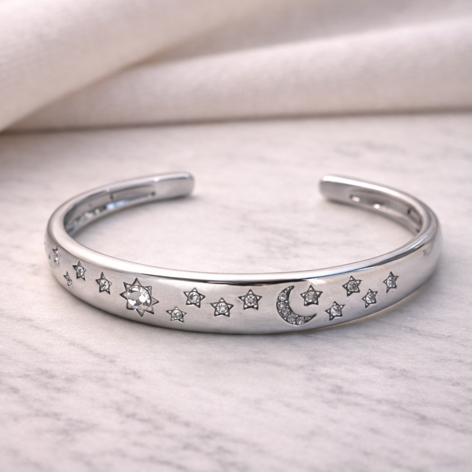 Midnight Stargazer Celestial Silver Cuff Bracelet