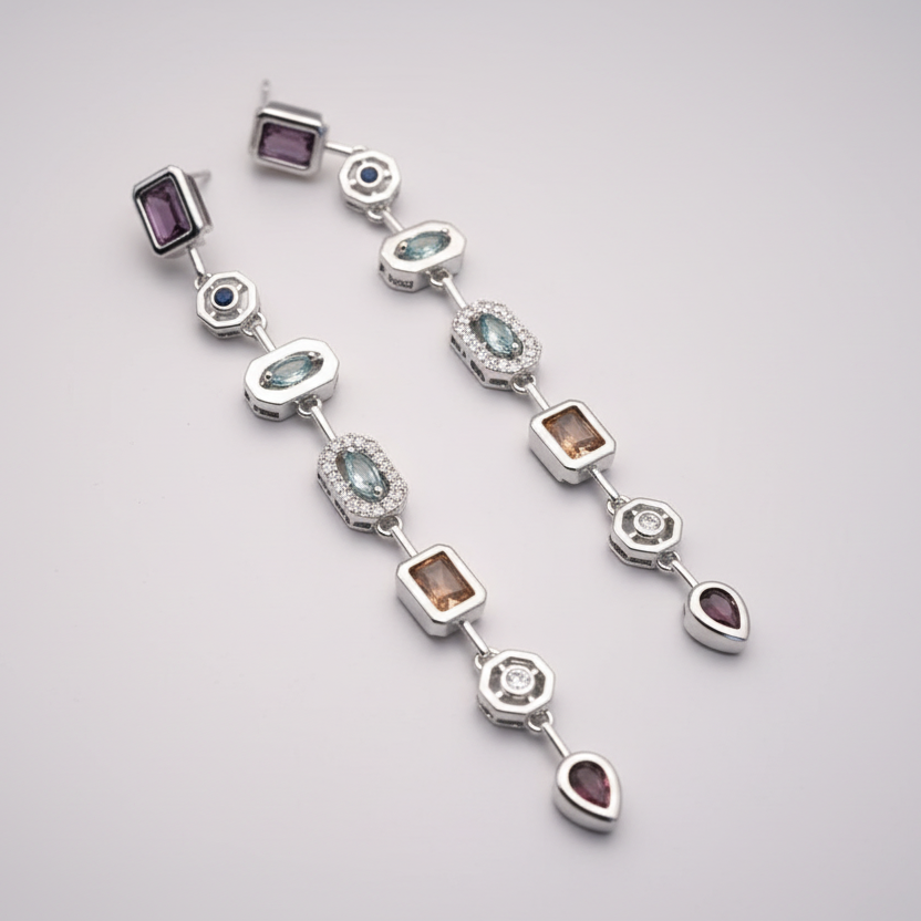 Art Deco Multi-Stone Geometric Silver Linear Earrings