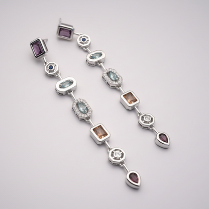 Art Deco Multi-Stone Geometric Silver Linear Earrings
