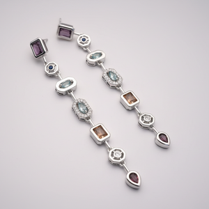 Art Deco Multi-Stone Geometric Silver Linear Earrings