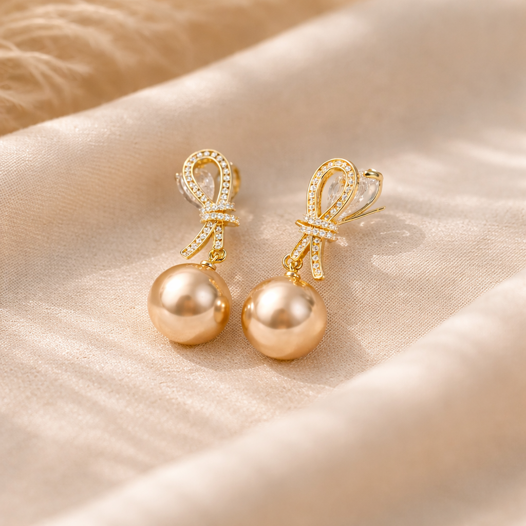Gilded Coquette Pearl & Pavé Bow Studs