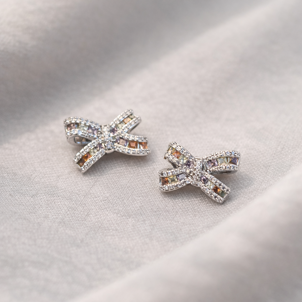 SIlver Rainbow Zirconia Spark Bow Earrings